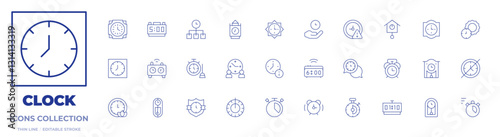 Clock icons collection. Thin Line icons, editable stroke. time management, timer, coming soon, coordination, cleaning, expired, wall clock, clock, time
