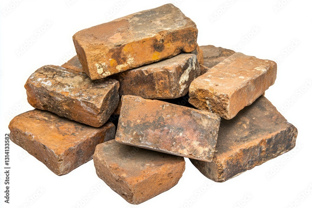 Weathered bricks piled on white background. AI image Weathered bricks piled on white background. AI image