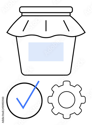 Jar with a fabric lid, checkmark circle, and gear design denoting product validation and workflow efficiency. Ideal for food quality, certification, optimization, packaging, logistics