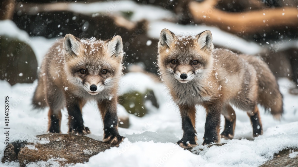 Obraz premium Playful Foxes in Snowy Landscape Surrounded by Winter Wonderland
