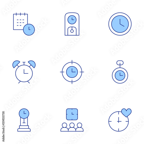 Clock icons set. Line Duotone style, editable stroke. meeting, target, appointment, wall clock, clock, pocket watch, time lapse, alarm clock