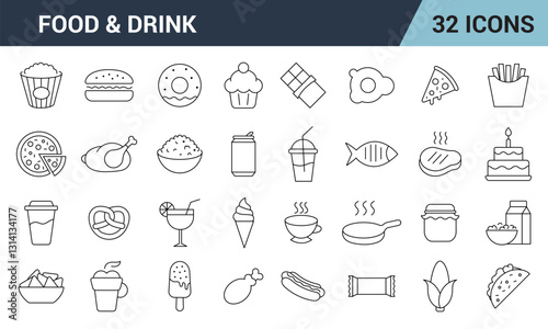 Food and Drink Line Editable  Icon Set. Restaurant, Fast Food, Desserts, Beverages, and More.