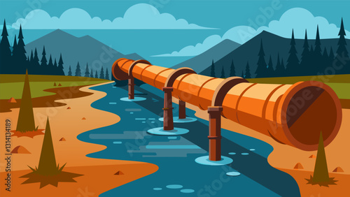 Rusty and corroded pipeline infrastructure due to increased moisture from melting permafrost resulting in decreased efficiency and potential safety. Vector illustration