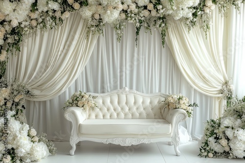 Elegant white sofa with floral drapes in bridal setting. AI image photo