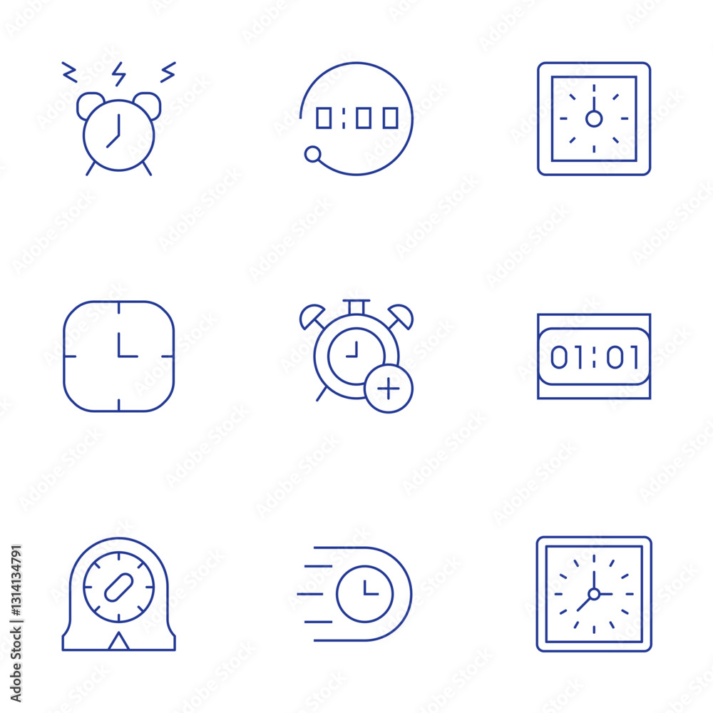 Clock icons set. Thin Line style, editable stroke. time, alarm, fast time, clock, digital clock, wall clock, kitchen timer Clock icons set. Thin Line style, editable stroke. time, alarm, fast time, clock, digital clock, wall clock, kitchen timer