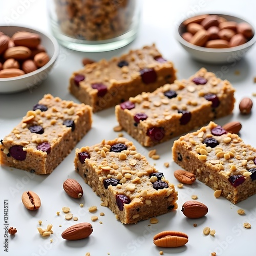 A well-balanced composition featuring protein bars, granola, protein powder, almonds, and other high-protein delicacies.
