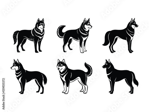 Set of energetic and playful husky dog silhouettes isolated on white background