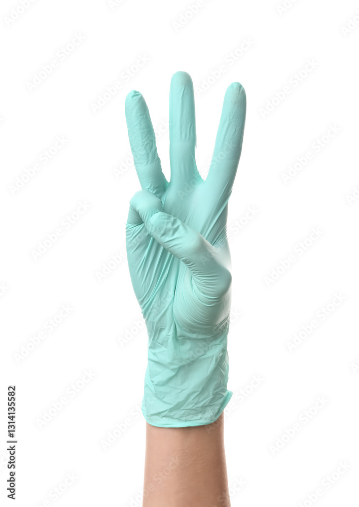 Female hand in medical glove showing three fingers on white background Female hand in medical glove showing three fingers on white background
