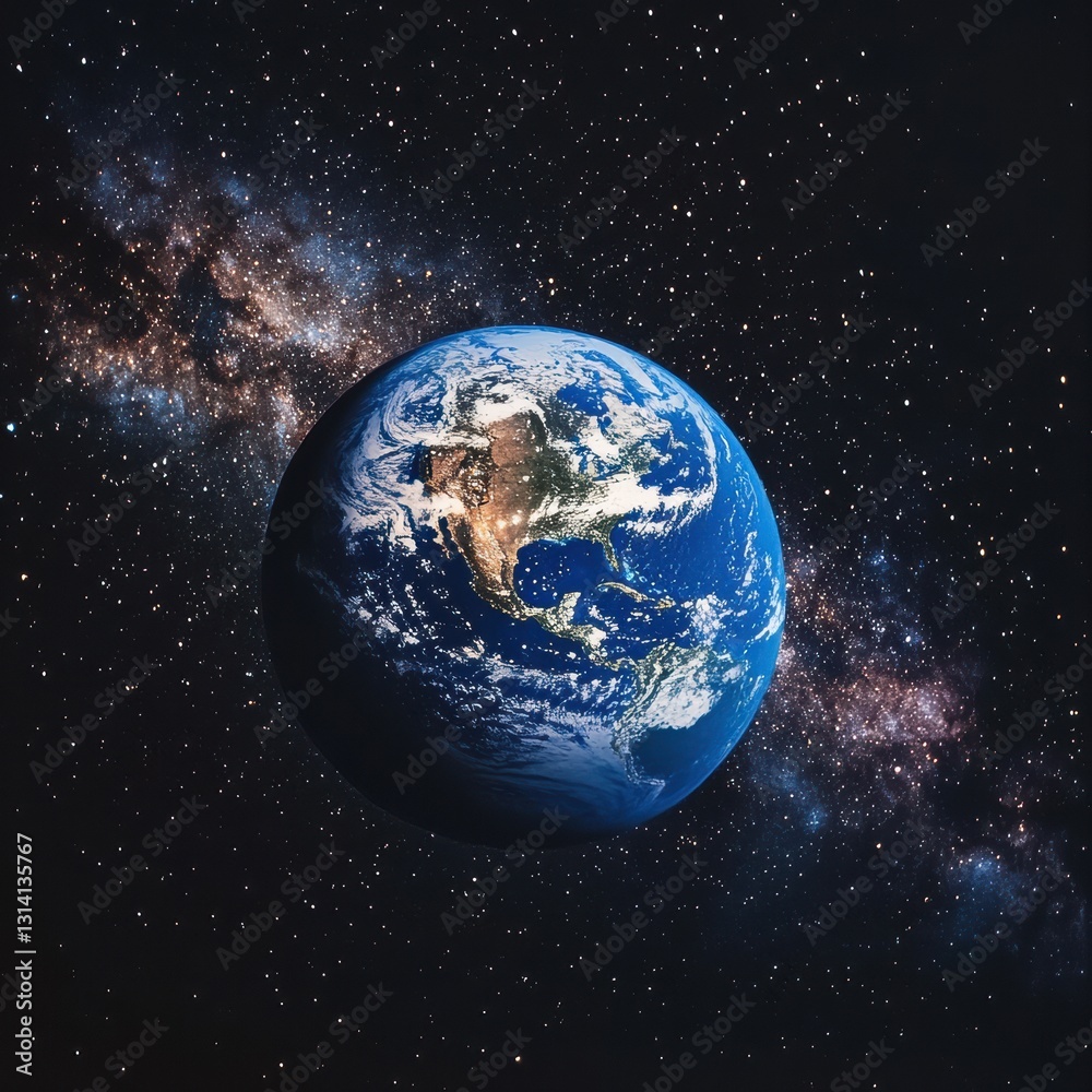 Fototapeta premium A breathtaking aerial view of Earth showcasing vibrant landscapes, with the vast Milky Way galaxy shimmering in the background, filled with countless stars and cosmic beauty.