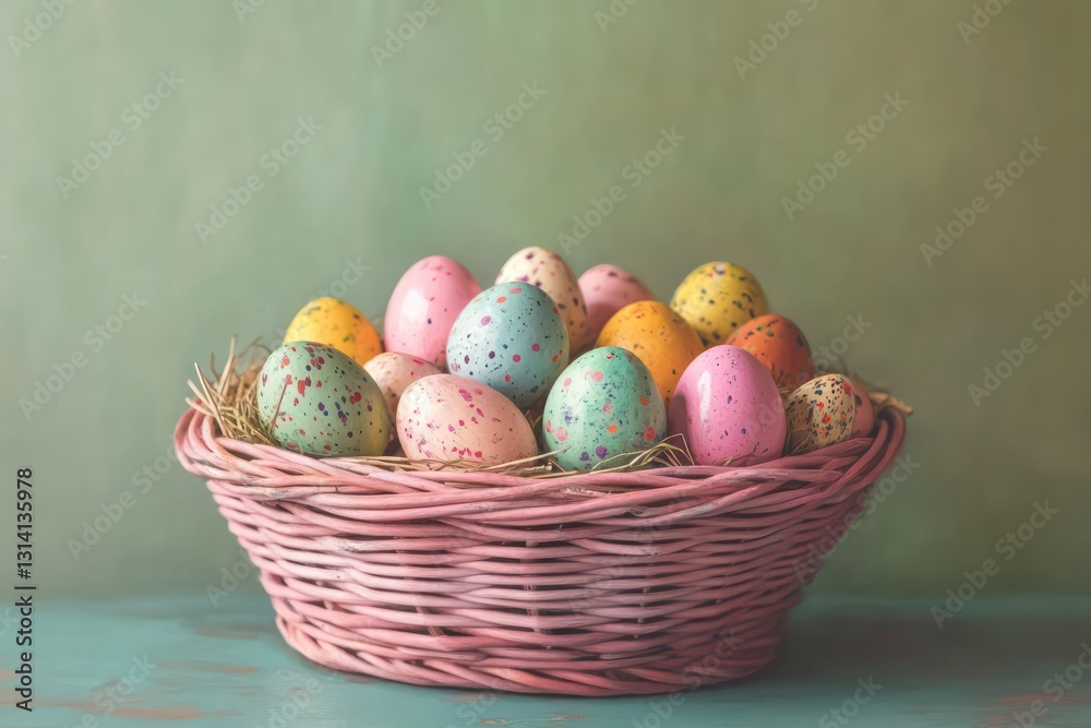 A festive still-life composition highlighting a pink wicker basket filled with neatly arranged Easter eggs in lively colors. A festive still-life composition highlighting a pink wicker basket filled with neatly arranged Easter eggs in lively colors.