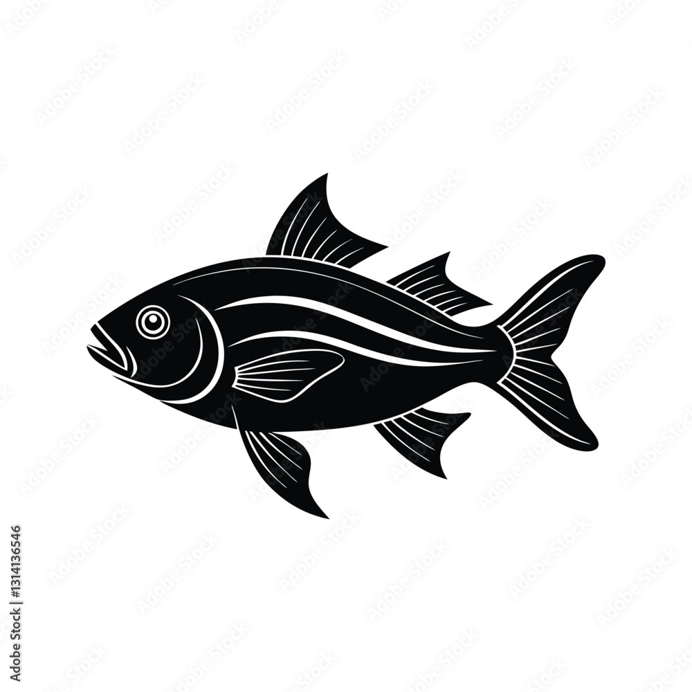 Fototapeta premium Striped freshwater fish silhouette isolated on white background
