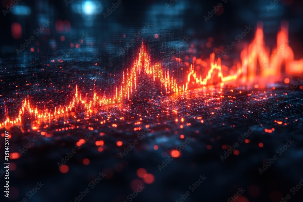Fiery data chart graph on a dark surface with city lights in the background. Possible use business, finance, technology Fiery data chart graph on a dark surface with city lights in the background. Possible use business, finance, technology