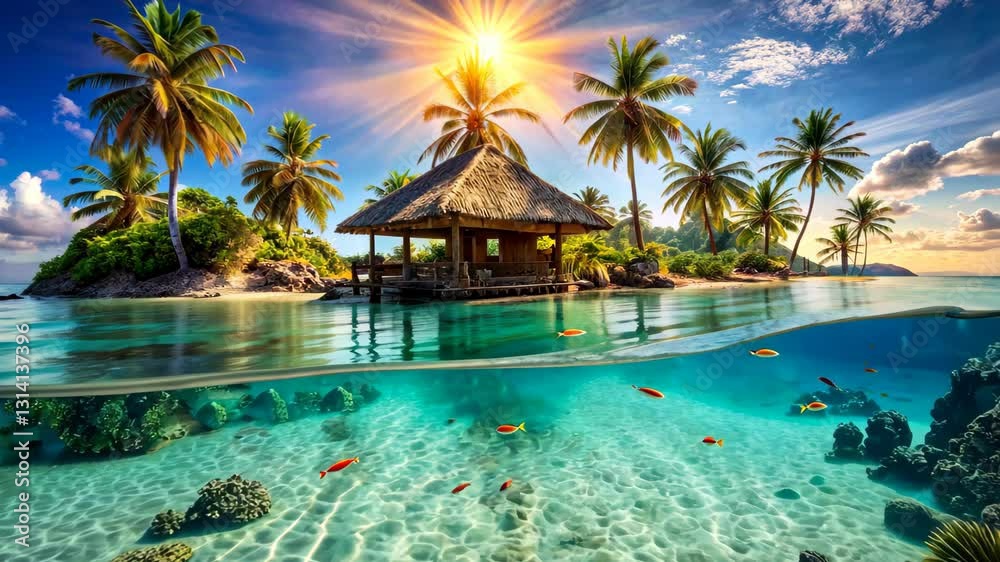 Tropical paradise with wooden bungalow on the island among the sea with pulms, tropical fishes under water, travelling and vacation concept Tropical paradise with wooden bungalow on the island among the sea with pulms, tropical fishes under water, travelling and vacation concept
