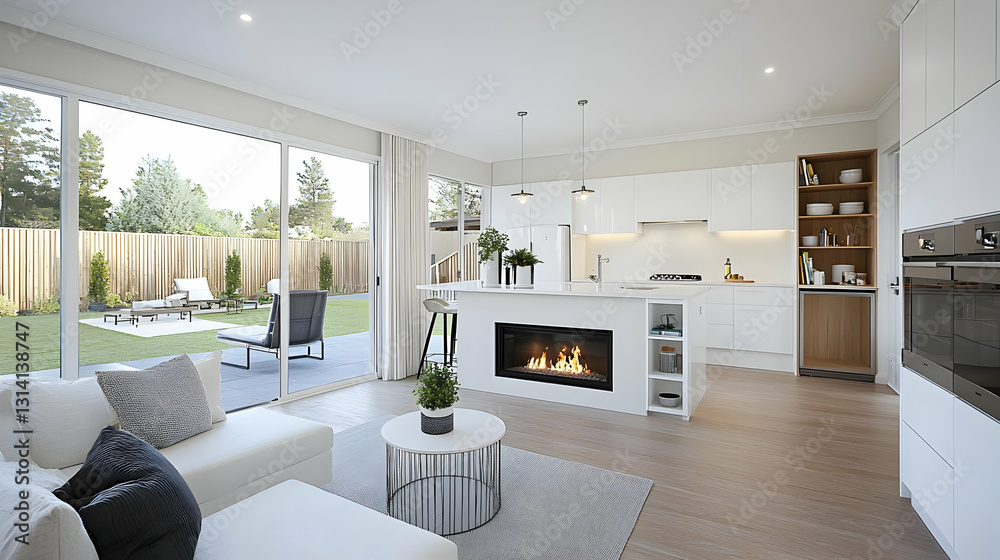 Fototapeta premium Bright Open Plan Living Room With Modern White Kitchen Fireplace And Large Sliding Glass Doors To Backyard