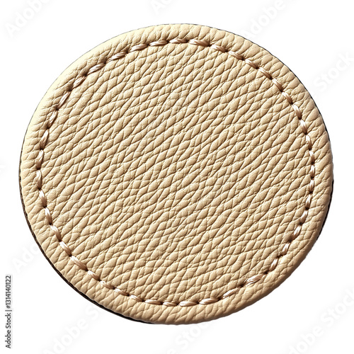 round beige leather patch with textured surface and stitched edge, ideal for branding or design projects, png