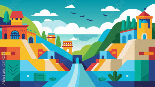 The canals walls are adorned with colorful murals depicting the history and importance of hydropower in this region.. Vector illustration
