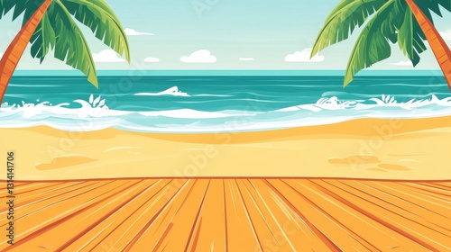 Vibrant Tropical Beach Scene with Wooden Deck and Palm Trees