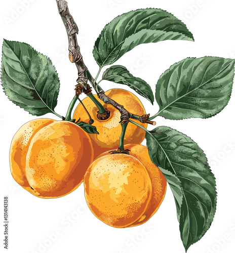 Old botanical illustration of apricot, vector apricot isolated on transparent background, vintage fruit sketch, hand-drawn fruit, detailed apricot drawing, organic food art