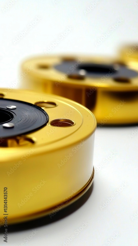 Golden Metallic Discs Array on White Surface Detailed Composition Shiny Circular Metal Object Precision Golden Metallic Discs Array on White Surface Detailed Composition Shiny Circular Metal Object Precision
