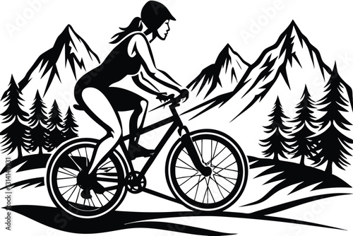 Mountain female biker ride the mountain with stunting vector silhouette