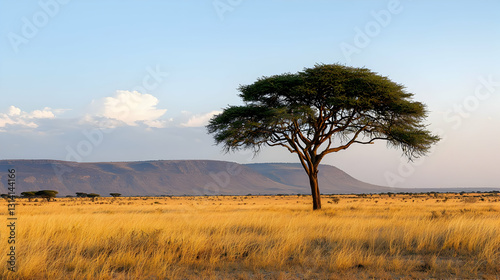 Lone Acacia Tree In Golden Savannah Grassland At Sunset With Distant Hills And Blue Sky In Africa