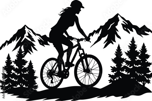 Mountain female biker ride the mountain with stunting vector silhouette