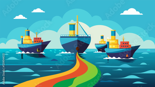 Huge tanker ships carrying vast quantities of fresh water arriving at the cleanup site to assist in washing away the oil leaving only a prism of. Vector illustration