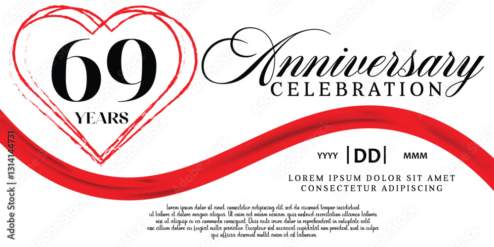 Vector 69th anniversary celebration logo lovely red ribbon abstract vector on white background design template illustration. Vector 69th anniversary celebration logo lovely red ribbon abstract vector on white background design template illustration.