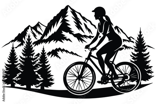 A vector silhouette of an adult woman mountain biking