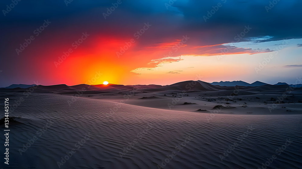 Vivid Desert Sunset Landscape With Dramatic Red Orange And Blue Sky Over Sand Dunes And Distant Silhouette At Twilight Vivid Desert Sunset Landscape With Dramatic Red Orange And Blue Sky Over Sand Dunes And Distant Silhouette At Twilight