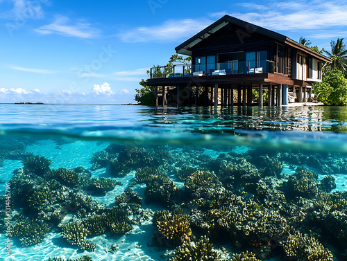 Luxury overwater bungalow with crystal-clear water and coral reefs