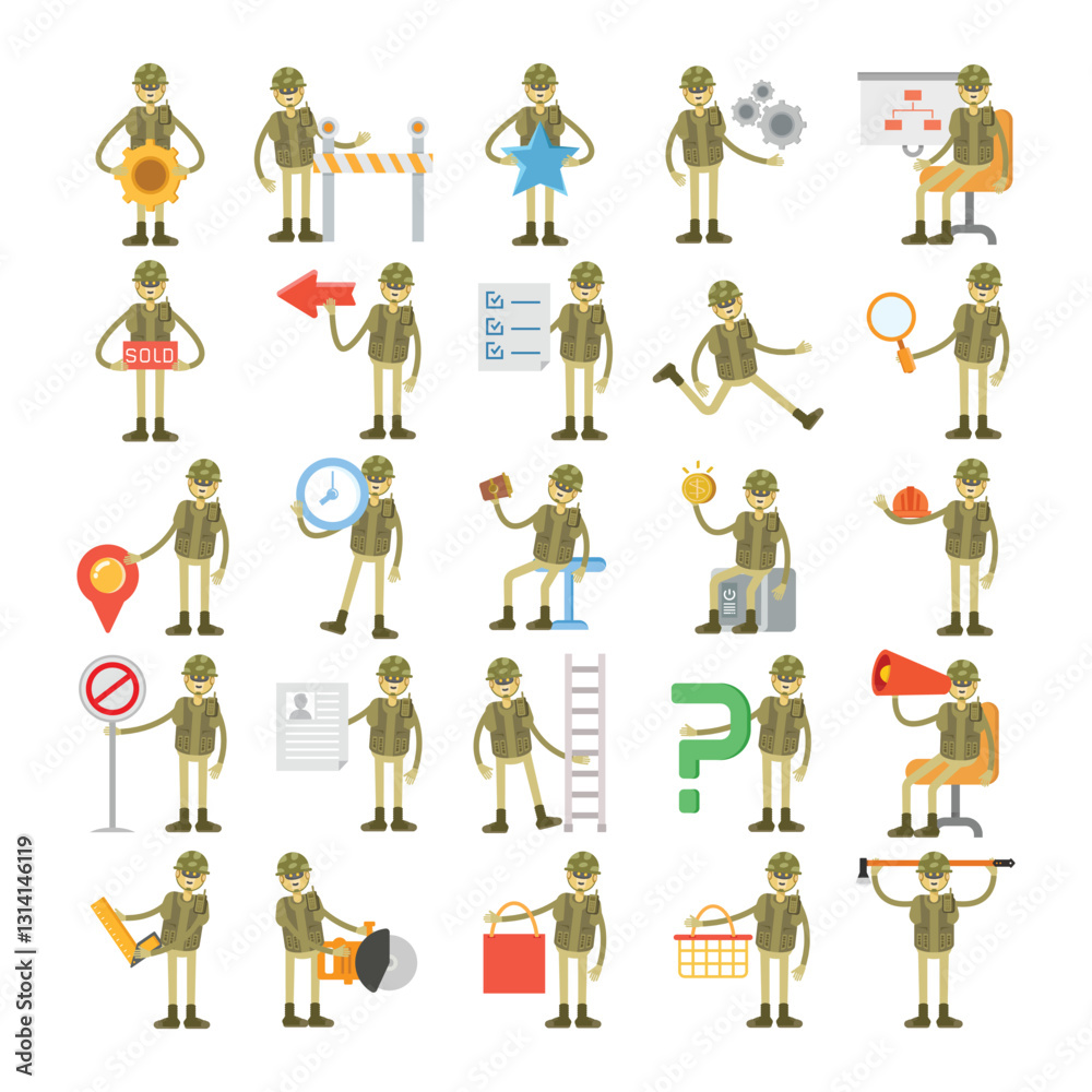 humanoid soldier characters in different poses illustration set humanoid soldier characters in different poses illustration set