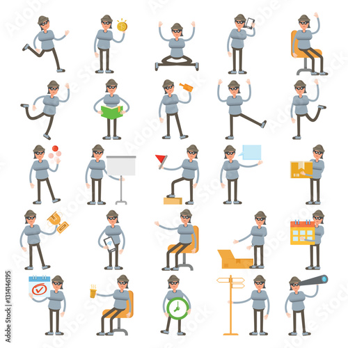 woman thief characters in different poses illustration set