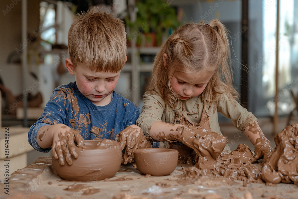 Young boy and girl in a creative workshop. Generative AI