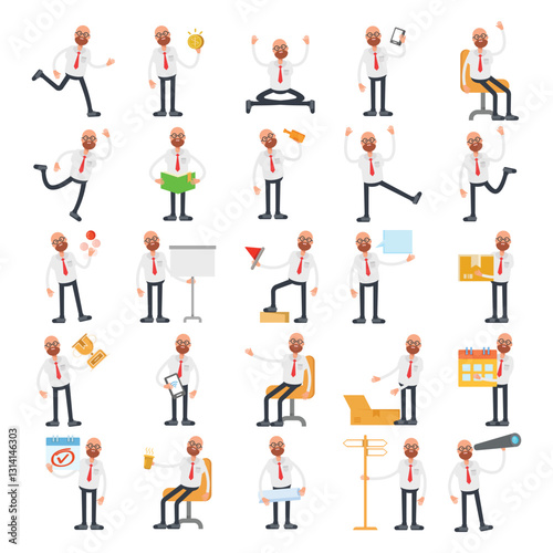 bald office worker characters in different poses illustration set