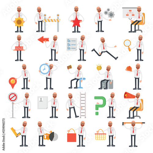bald office worker characters in different poses illustration set
