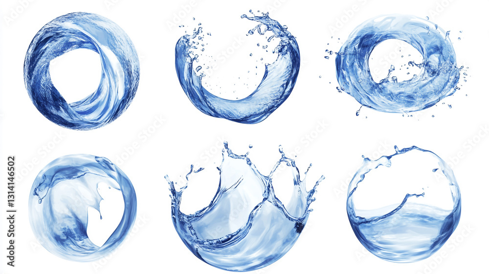 Round circle water splashes and swirls. Isolated 3d vector realistic set of blue fluid transparent waves and flows in motion. Fresh oval, circular and infinity shaped clear splashing dynamic droplets Round circle water splashes and swirls. Isolated 3d vector realistic set of blue fluid transparent waves and flows in motion. Fresh oval, circular and infinity shaped clear splashing dynamic droplets