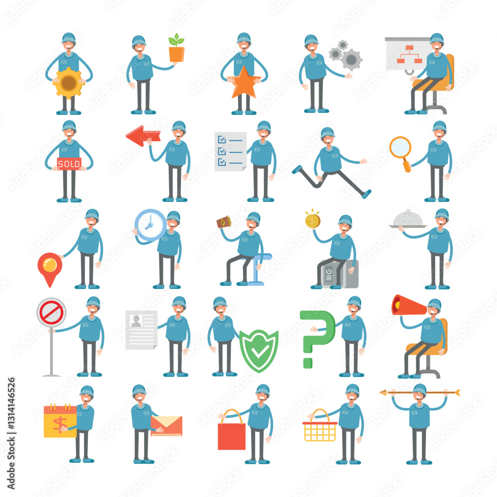 male staff with headset characters in different poses illustration set male staff with headset characters in different poses illustration set