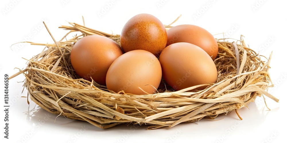Rustic white backdrop showcases fresh chicken eggs nestled in a straw nest. Rustic white backdrop showcases fresh chicken eggs nestled in a straw nest.