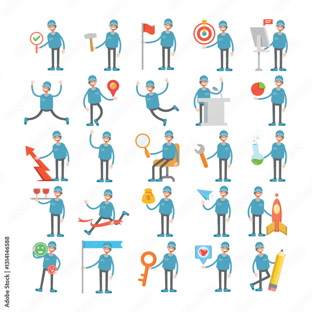 male staff with headset characters in different poses illustration set male staff with headset characters in different poses illustration set