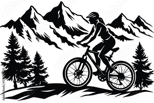 A vector silhouette of an adult woman mountain biking