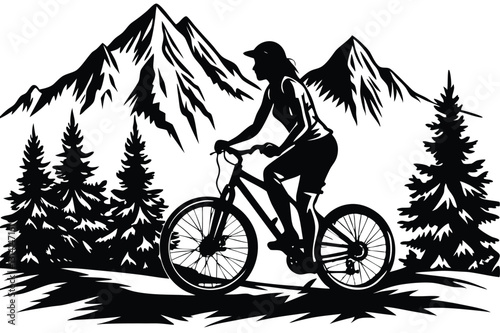 A vector silhouette of an adult woman mountain biking