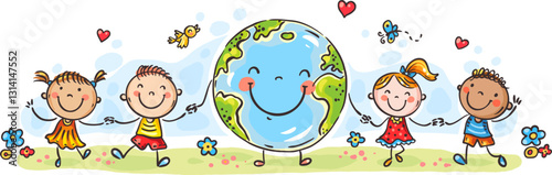 Children world peace, happy ethnic kids, cartoon boys and girls holding hands, earth symbol