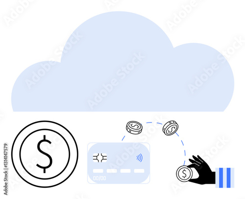 Hand transferring money with coins, credit card, and cloud backdrop. Ideal for finance, technology, digital payment, banking, e-commerce cybersecurity fintech. Flat simple metaphor