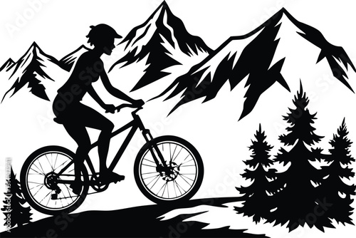 A vector silhouette of an adult woman mountain biking in a mountain setting