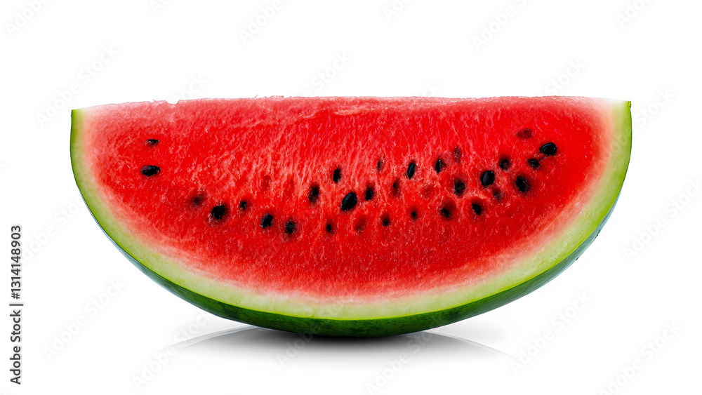 A fresh watermelon slice with bright red flesh, black seeds, and a green rind A fresh watermelon slice with bright red flesh, black seeds, and a green rind