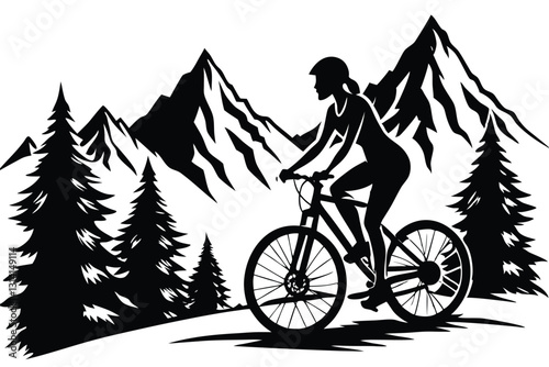 A vector silhouette of an adult woman mountain biking in a mountain setting