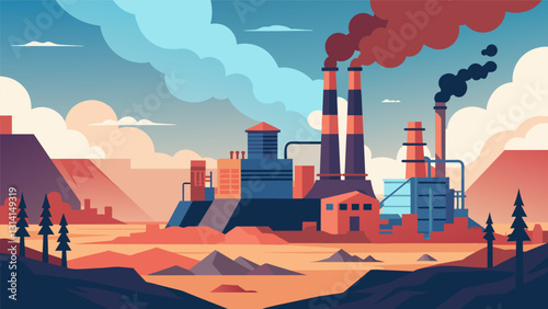 The industrial landscape of lignite mining with tall chimneys and a maze of pipes and structures emitting billows of smoke into the sky.. Vector illustration