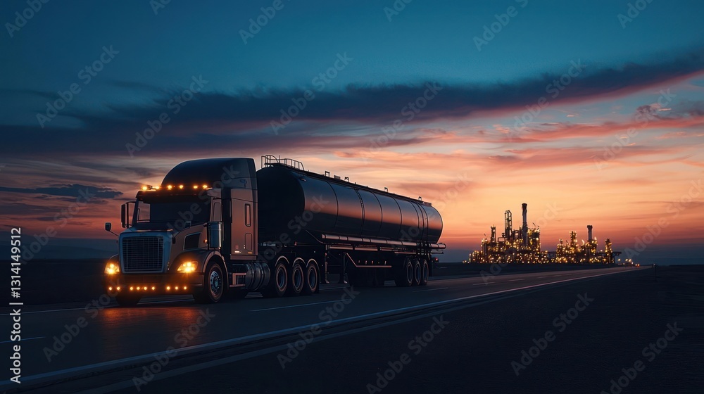 Black Tanker Truck Driving On Road During Sunset With Refinery In Distance Black Tanker Truck Driving On Road During Sunset With Refinery In Distance