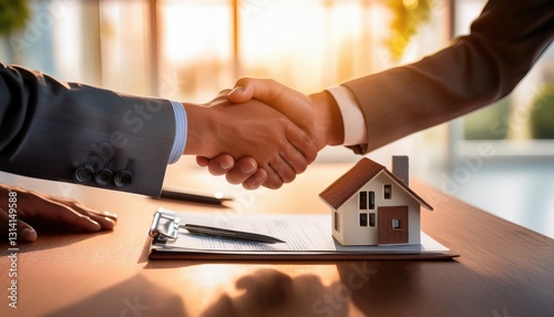 two businessmen shaking hands over a small house model on a table, signifying a successful real estate deal
